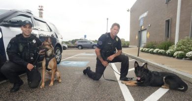 Brockton Police Department two new dogs after 16 weeks in the police academy with Department of Correction head trainer Sergeant Bob Diliddo, Kilo   ,right, and Police Officer Miguel-Otero, and K9 Hawk on Friday, Sept. 24, 2021.