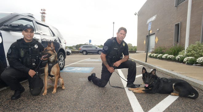 Brockton Police Department two new dogs after 16 weeks in the police academy with Department of Correction head trainer Sergeant Bob Diliddo, Kilo   ,right, and Police Officer Miguel-Otero, and K9 Hawk on Friday, Sept. 24, 2021.
